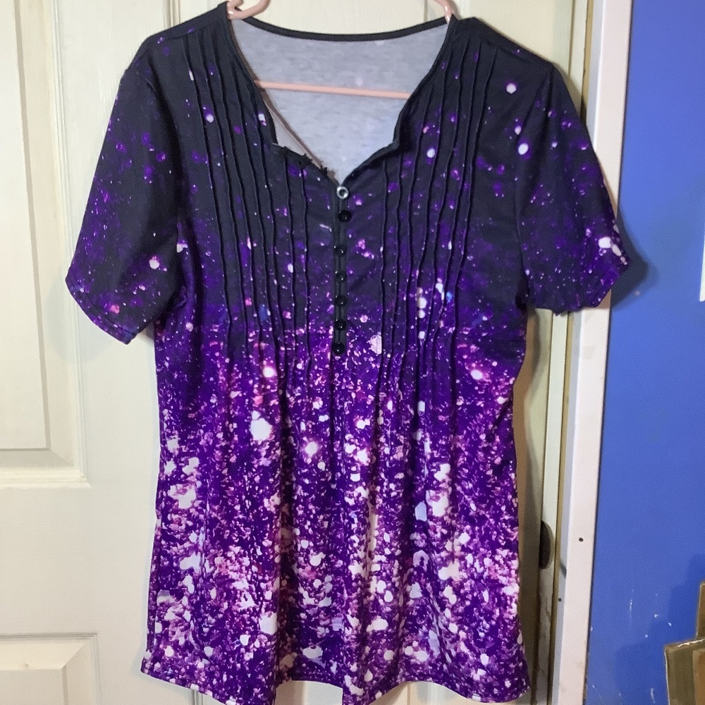 Women’s Short sleeve pleated Henley casual summer v-neck tunic top Size L